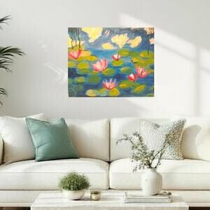 Oil Painting Water Lillies Pond 19x16 Monet Inspired Coffee Shop Art Deco Canvas